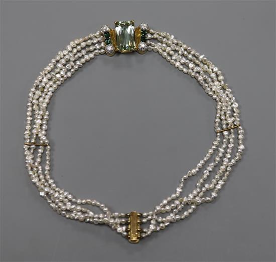 A quadruple strand baroque cultured pearl , aquamarine , tourmaline and diamond set choker necklace, 36.5cm.